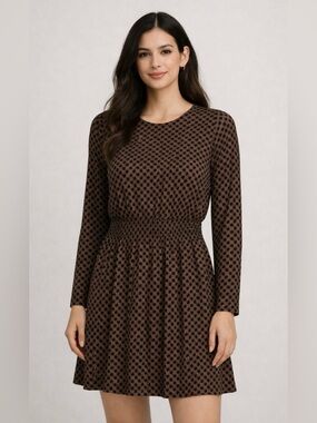 H&M Brown And Black Geometric Print Long Sleeve Dress Size 2